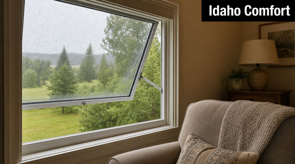 An open awning window showing a view of a lush green landscape during a light rain shower.