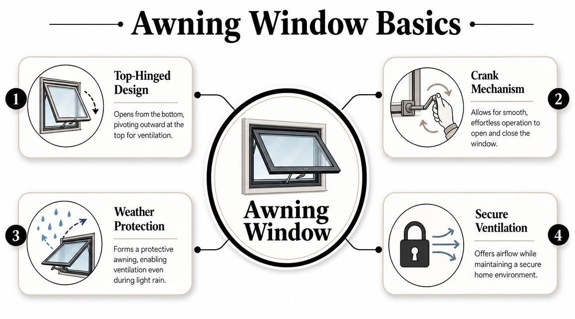 An infographic detailing the features of an awning window including its top-hinged design and ventilation benefits.