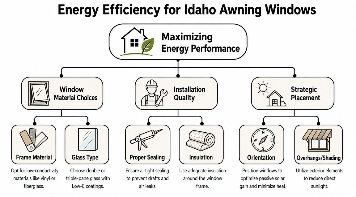 A flowchart explaining key strategies for maximizing energy efficiency in Idaho awning windows through materials and placement.