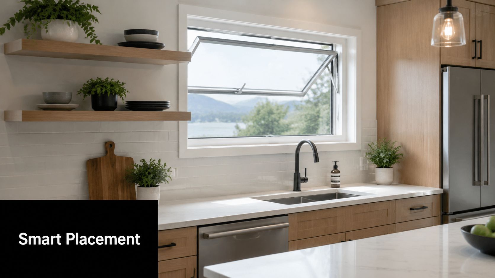 A modern kitchen interior featuring an open awning window with a scenic mountain and lake view.