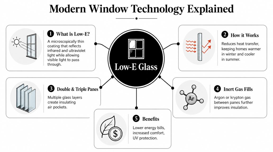 An infographic explaining modern Low-E window glass technology, including its components, functionality, and energy-saving benefits.