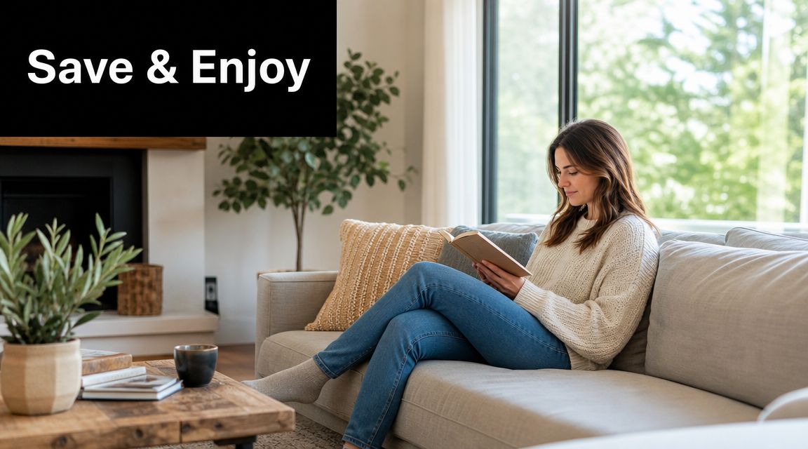 A woman reading a book while sitting on a comfortable sofa in a bright, modern living room.