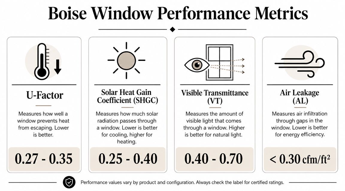 An infographic detailing window performance metrics including U-Factor, SHGC, Visible Transmittance, and Air Leakage for Boise homes.