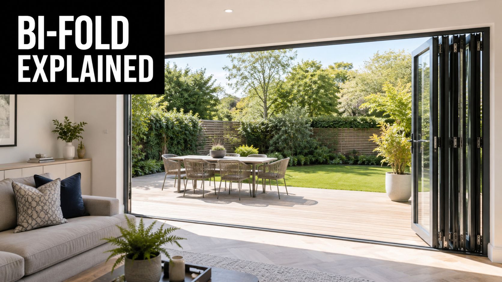 A modern living room featuring wide open black bi-fold doors leading to a beautiful outdoor patio garden.