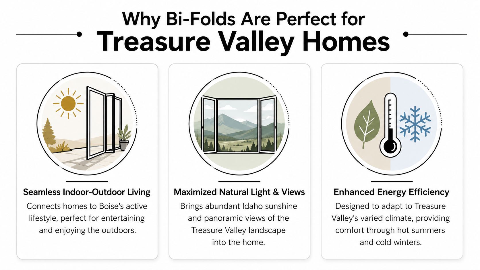 A graphic highlighting the benefits of bi-fold doors for Treasure Valley homes, including indoor-outdoor living, light, and efficiency.