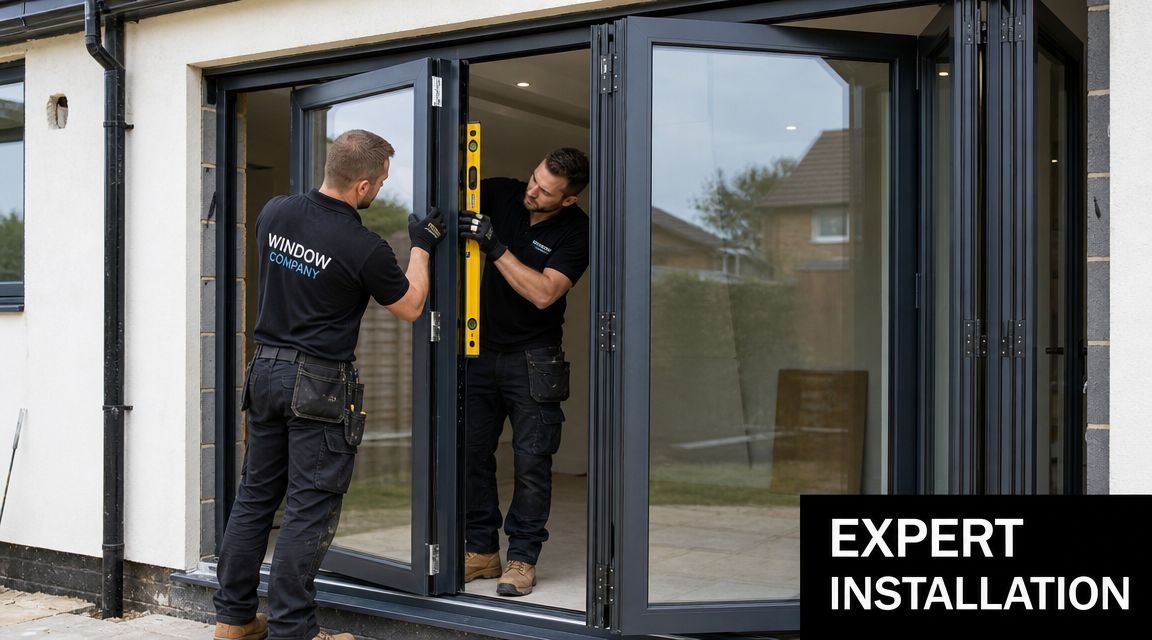 Two professional workers from a window company installing a modern bi-fold glass door in a house.