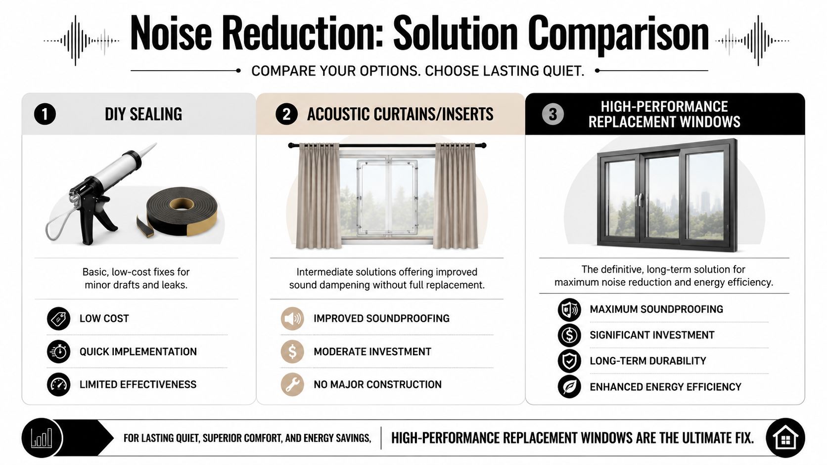 A comparison chart showing three noise reduction solutions for windows, ranging from DIY sealing to high-performance replacement windows.