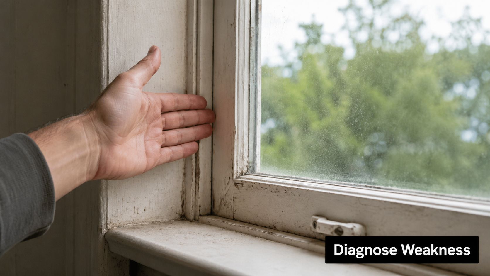 A man pointing at a worn, painted wooden window frame that needs repair or professional inspection.