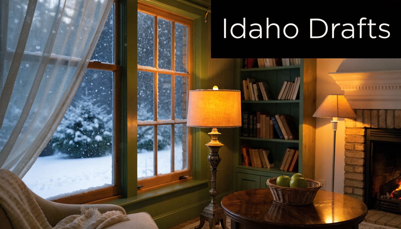 A cozy, warm living room with a snowy view through large green-framed casement windows at night.