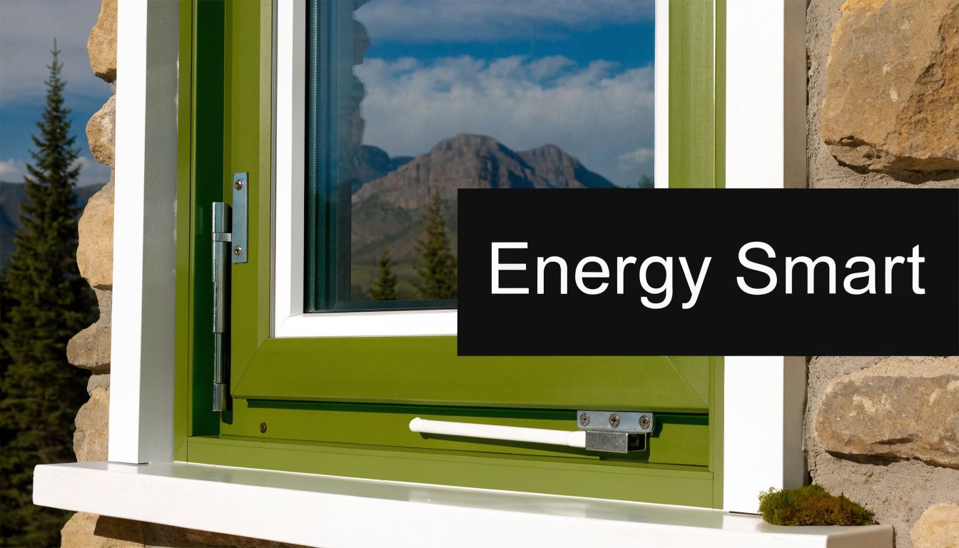 A green casement window with a white frame installed in a stone wall overlooking a mountain landscape.