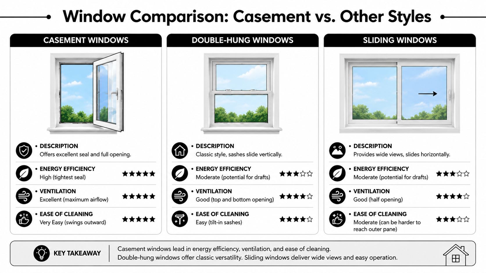 A comparison chart showing features, energy efficiency, ventilation, and cleaning ease for casement, double-hung, and sliding windows.