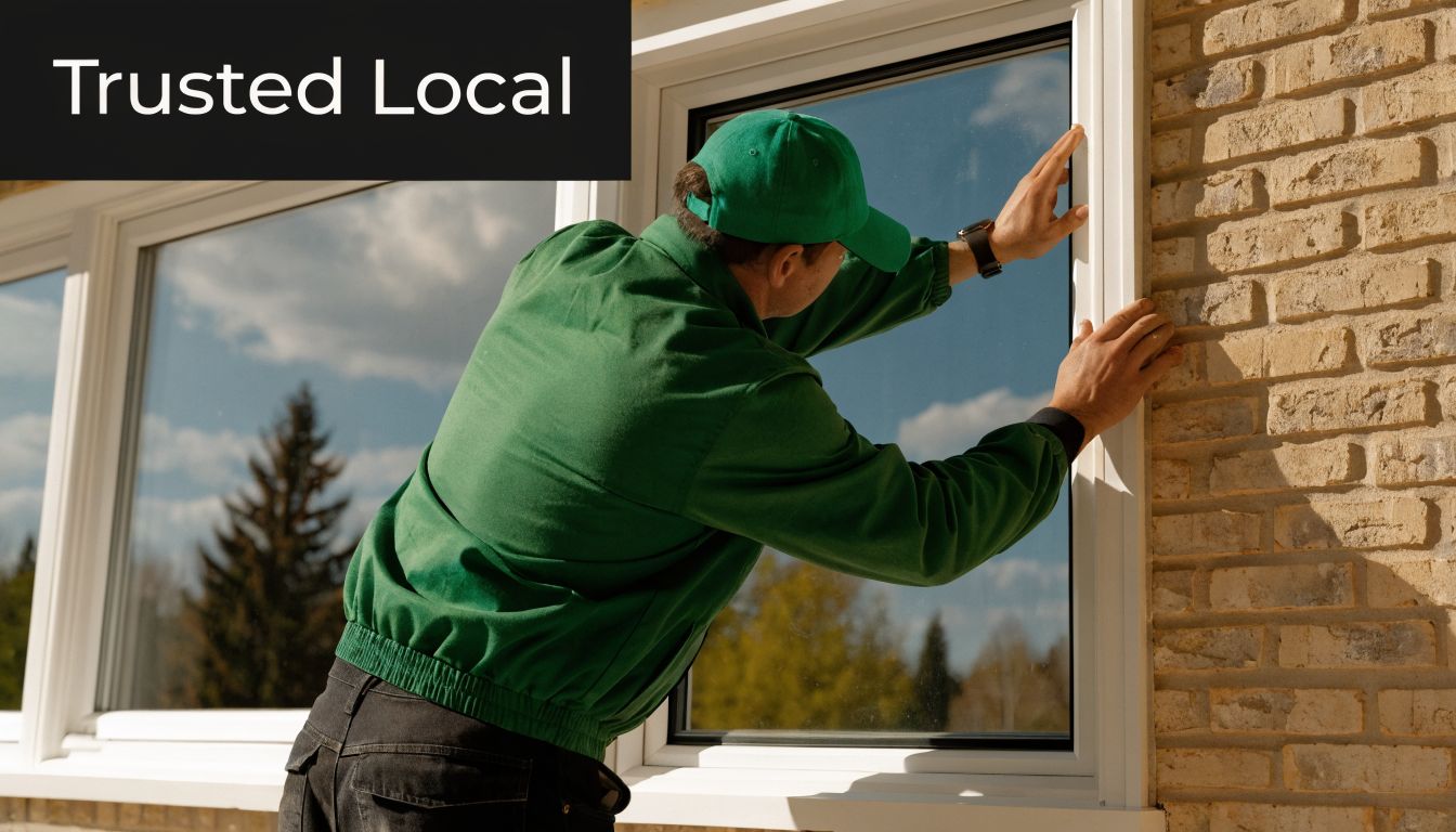 A professional in a green uniform installing a modern casement window on a brick house exterior.