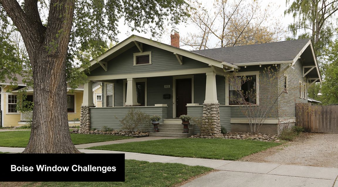 A charming sage green craftsman bungalow in Boise, Idaho with a covered front porch and mature trees.