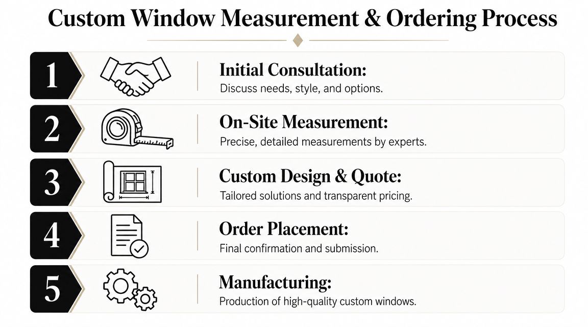 A five-step infographic showing the custom window measurement and ordering process for home replacement windows.