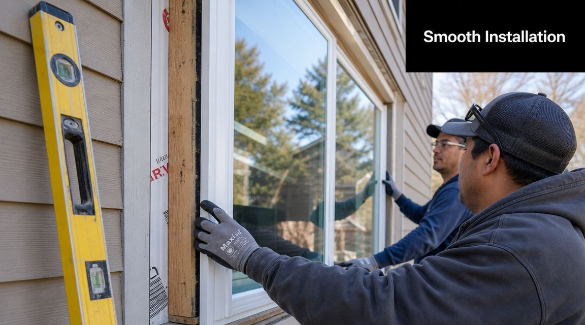 Two professional contractors installing a custom replacement window into the exterior wall of a residential house.