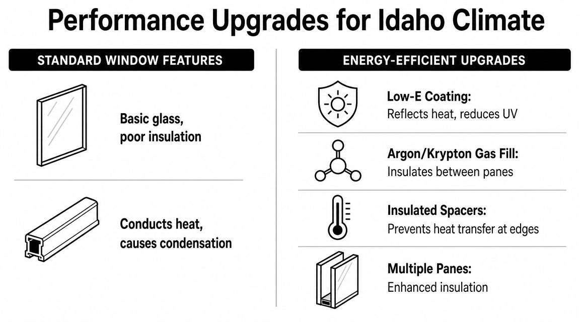 A comparison chart showing standard window features versus energy-efficient window upgrades for the Idaho climate.