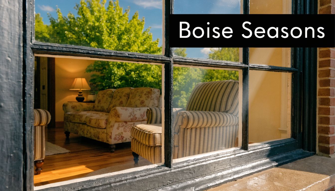 A cozy living room view through a black framed window with the text Boise Seasons overlayed.
