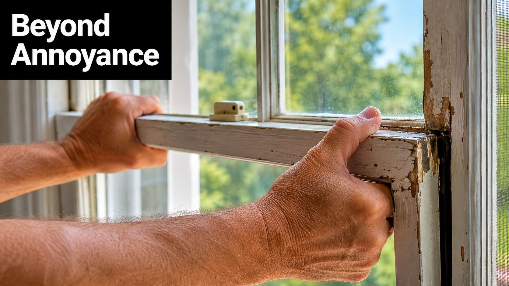 A pair of hands struggling to push up an old, painted wooden window that is stuck shut.