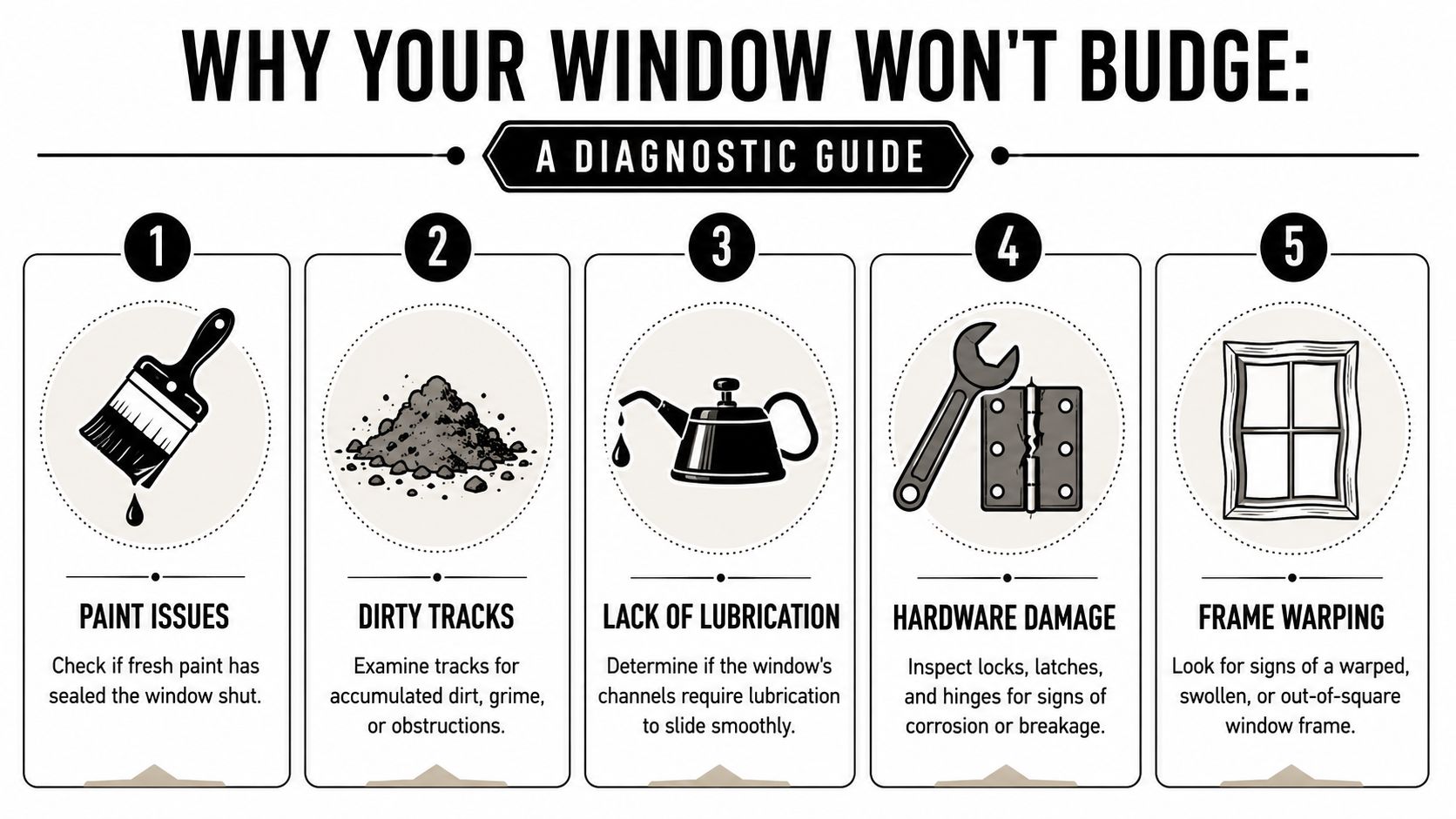 A diagnostic infographic illustrating five common reasons why windows become difficult to open or stick.