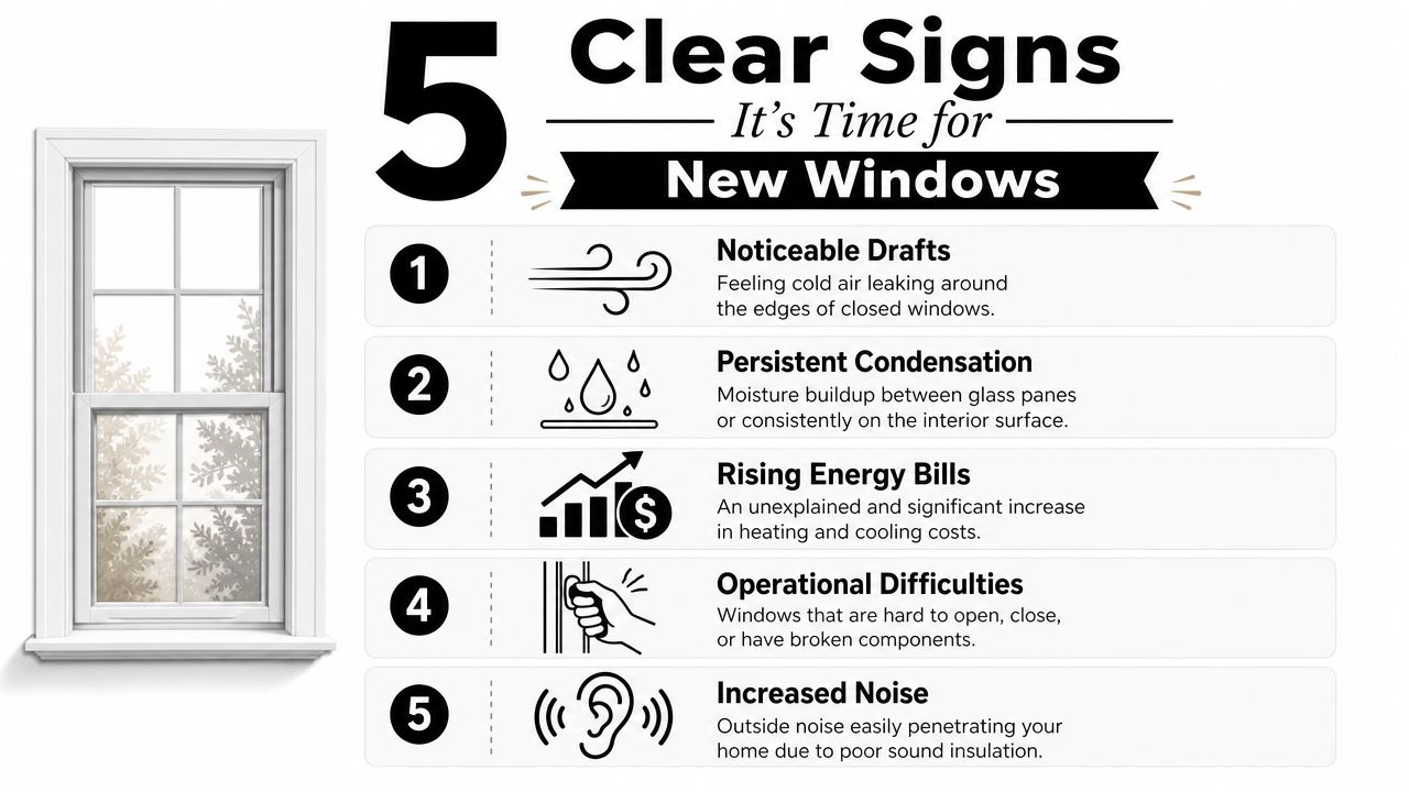An infographic showing five key signs, such as drafts and high energy bills, indicating you need new windows.