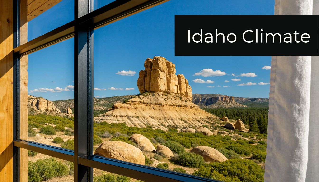A scenic view of a desert landscape with large rock formations viewed through a modern window.
