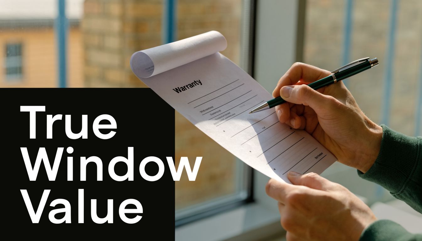 A person writing on a warranty form next to a window in a professional office setting.