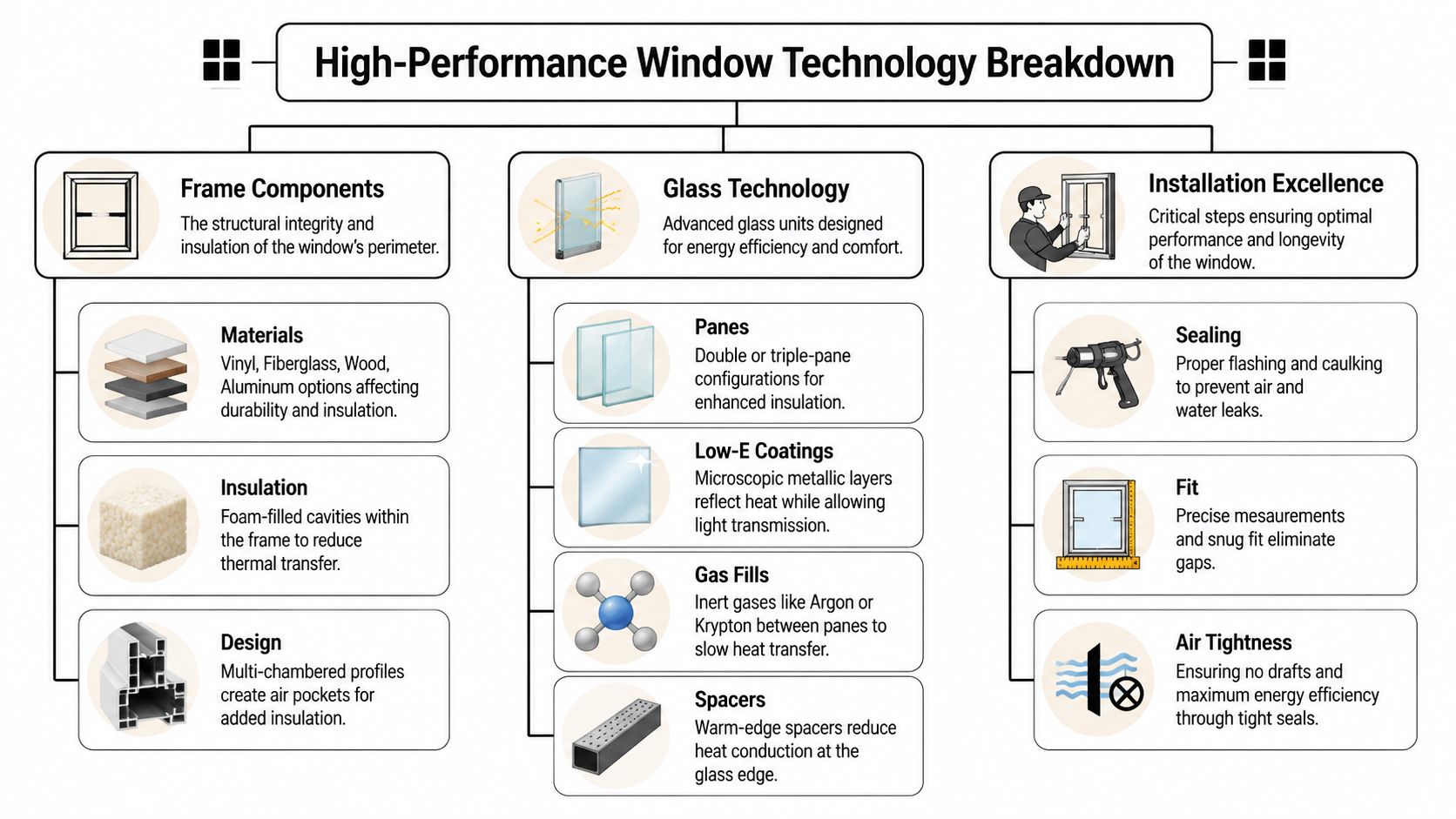 A diagram outlining the key components of high-performance window technology including frame materials, glass technology, and installation excellence.