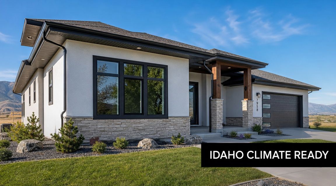 A modern single-story house with Mezzo windows featuring stone accents and a professional landscape in Idaho.