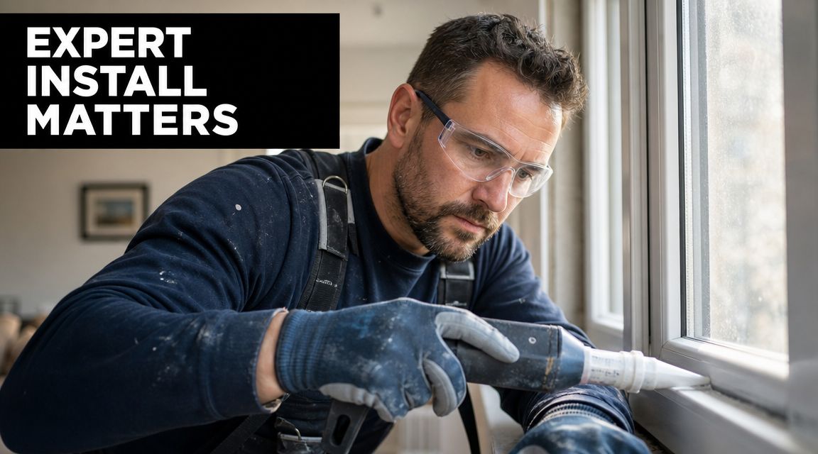 A professional contractor wearing safety goggles carefully applies sealant to a Mezzo window frame in Idaho.