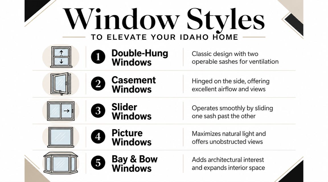 A guide illustrating five common window styles including double-hung, casement, slider, picture, and bay and bow windows.