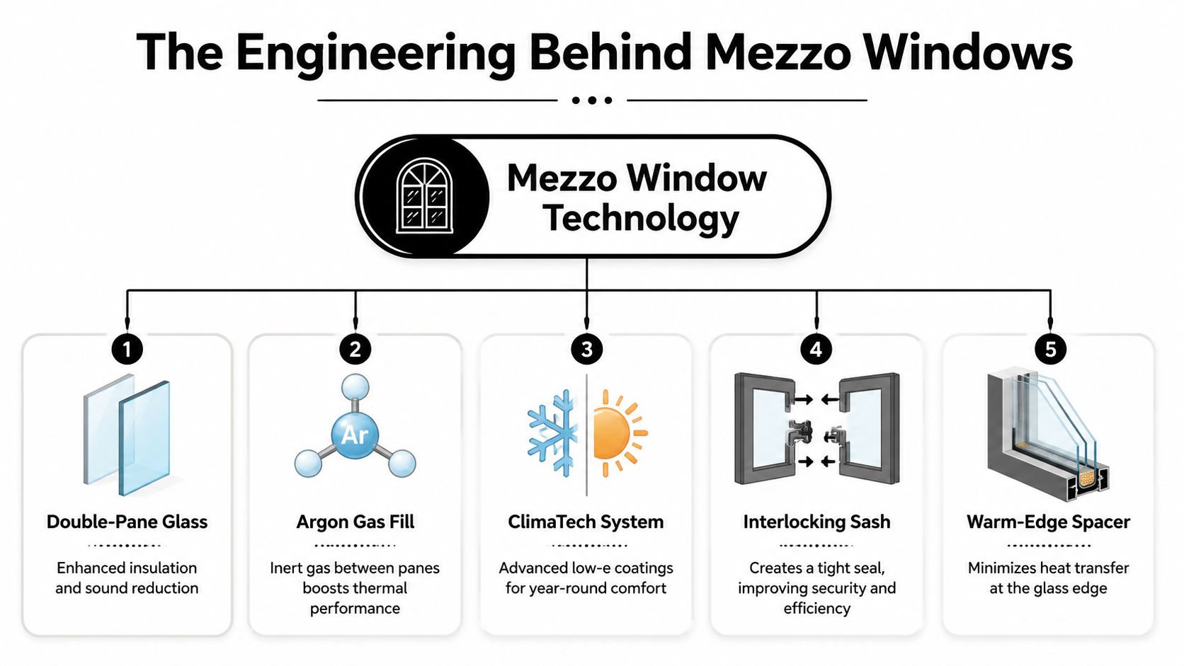 A diagram outlining the five key technological components that improve insulation and efficiency in Mezzo windows.