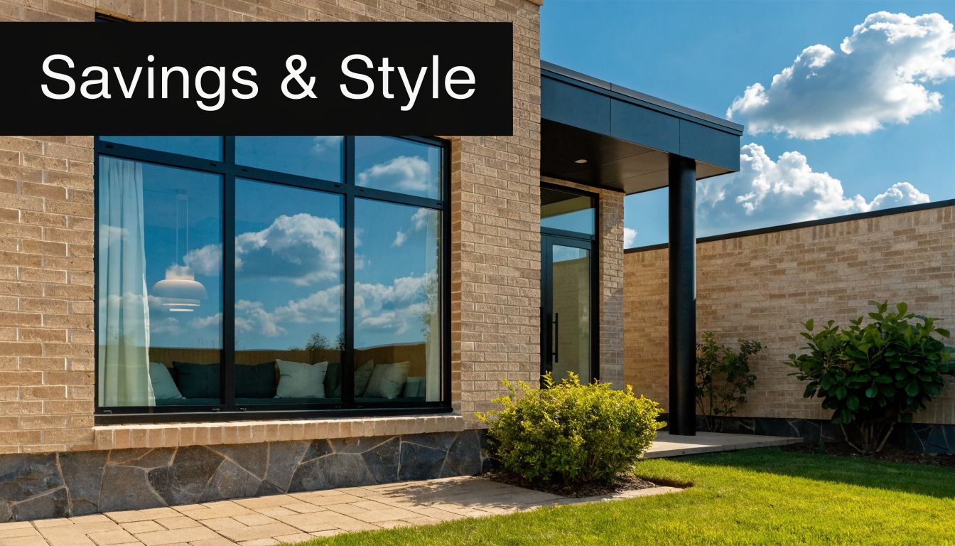 A modern brick house featuring a large, elegant black-framed picture window overlooking a sunny backyard lawn.