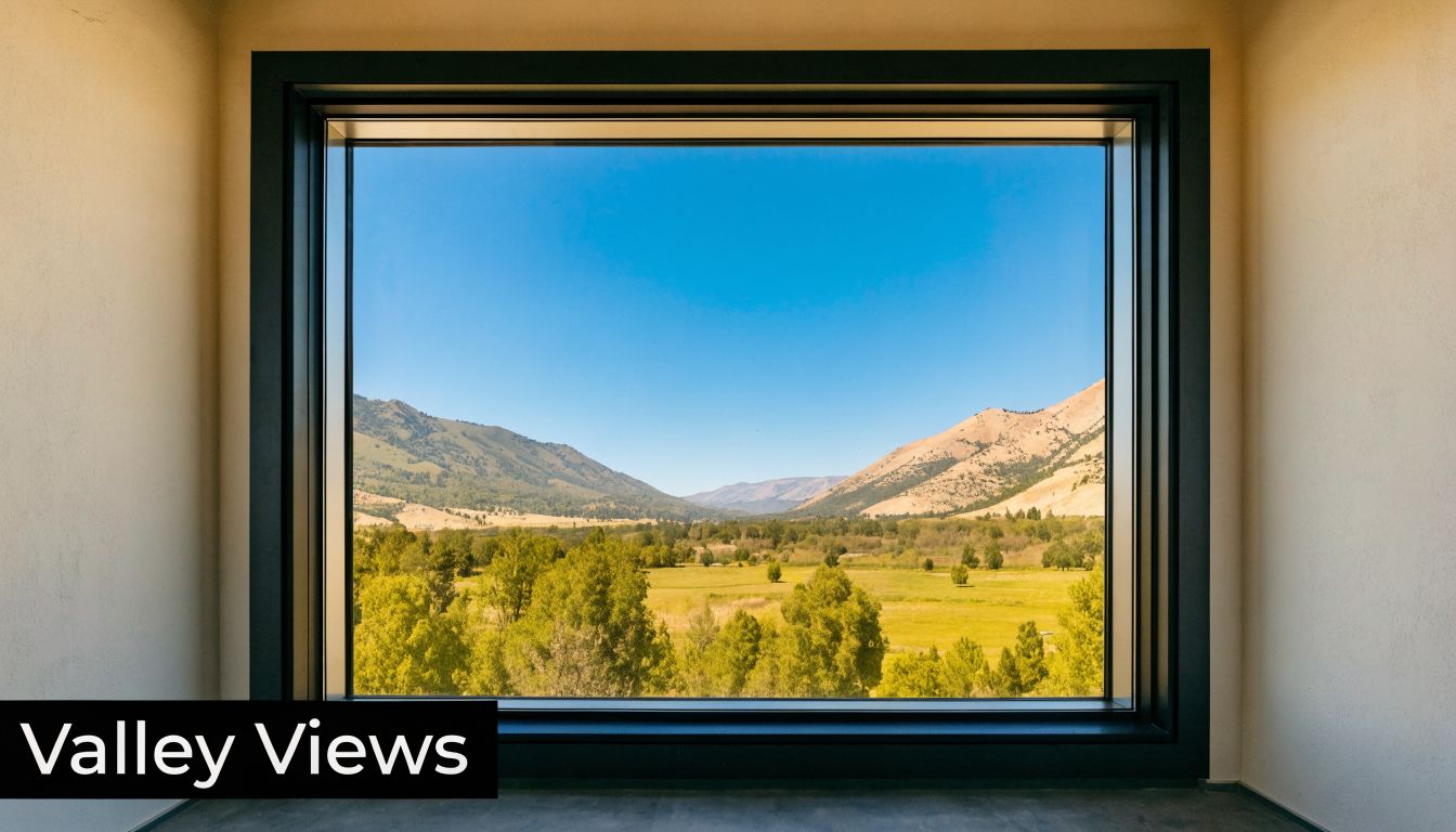 A modern, large picture window framing a scenic view of a sunny valley with rolling mountains.
