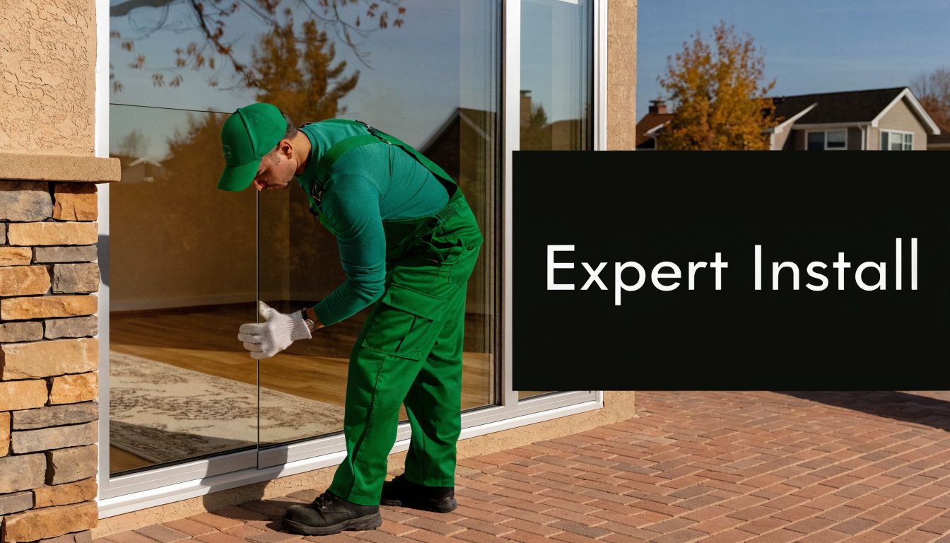A professional installer in a green uniform carefully placing a large glass window panel outdoors.