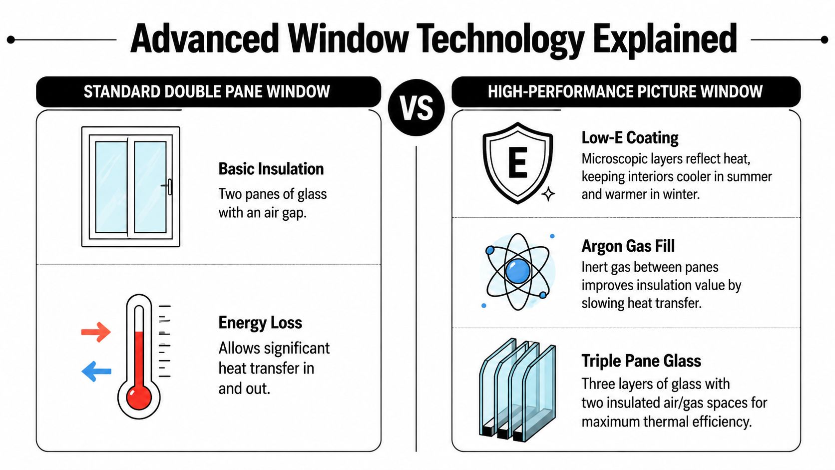 A comparison chart showing the energy efficiency differences between standard double pane and high-performance triple pane windows.