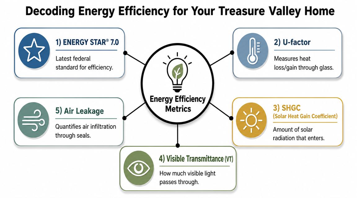 An infographic titled Decoding Energy Efficiency for Your Treasure Valley Home showing five key energy efficiency metrics.