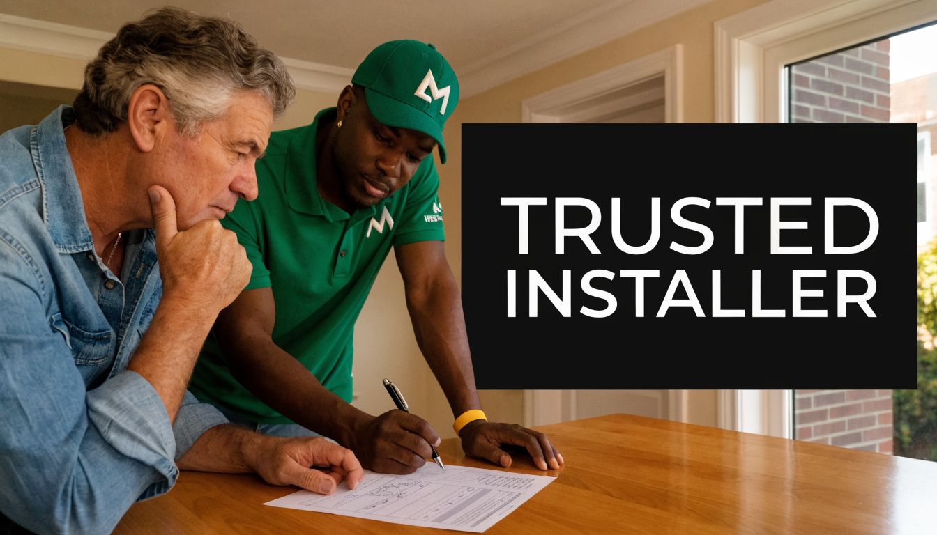 A professional window installer helping an older homeowner review paperwork at a table for home improvement.