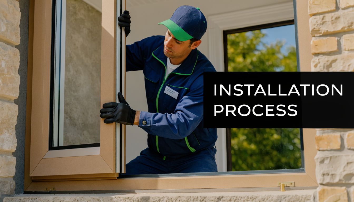 A professional construction worker wearing a blue uniform installing a modern window frame into a brick house.