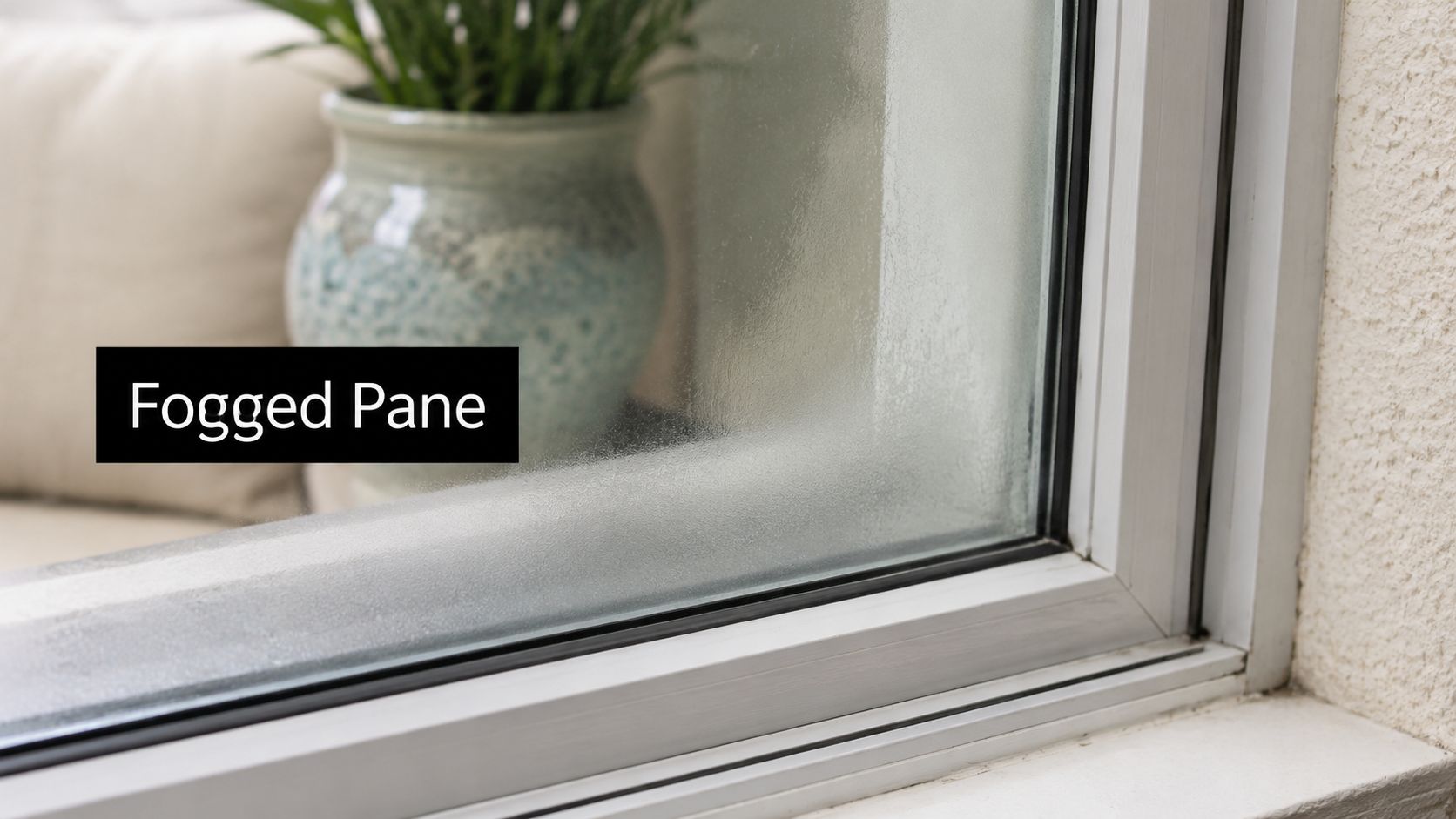 Close-up of a double-pane window showing interior condensation and fogging indicating a broken seal.