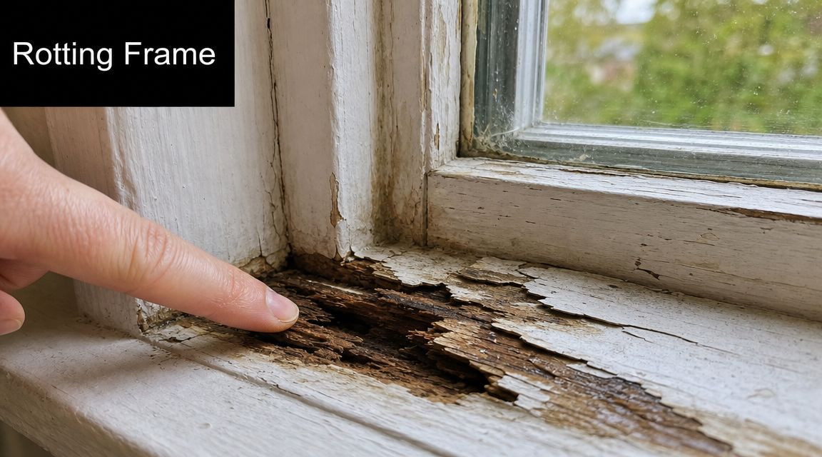 A close-up view of a damaged wooden window sill showing significant rot, peeling paint, and decay.