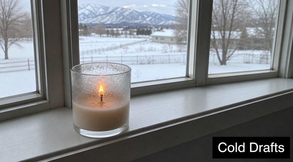 A lit candle on a windowsill overlooking a snowy field and distant mountains on a cold day.