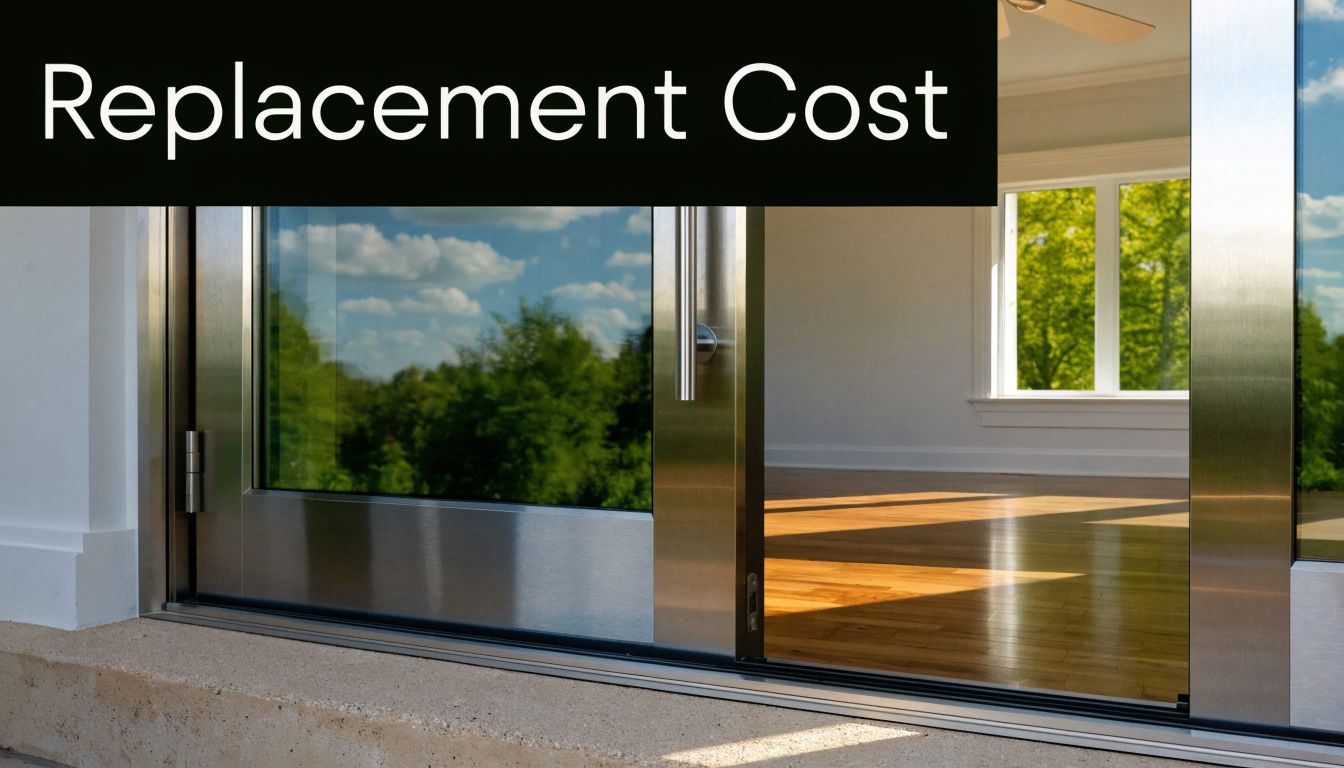 A modern metal sliding patio door opening into a sunlit room with hardwood floors and green trees.