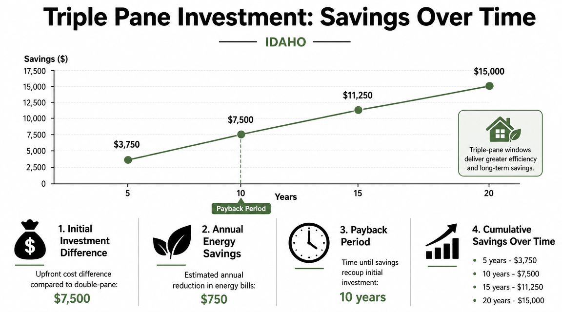 A graph showing the financial savings and 10-year payback period of installing triple-pane windows in Idaho homes.