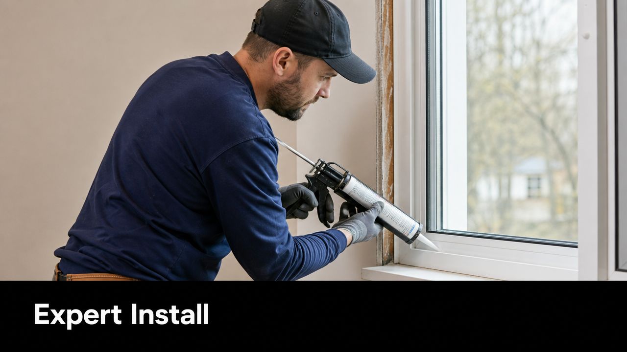 A professional contractor wearing a cap and gloves applying caulk to a window frame during installation.