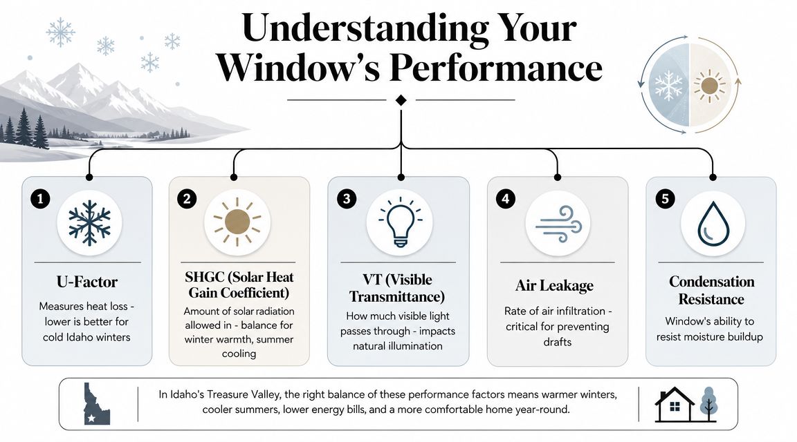 An infographic titled Understanding Your Window's Performance, explaining five key factors for selecting windows in Idaho winters.