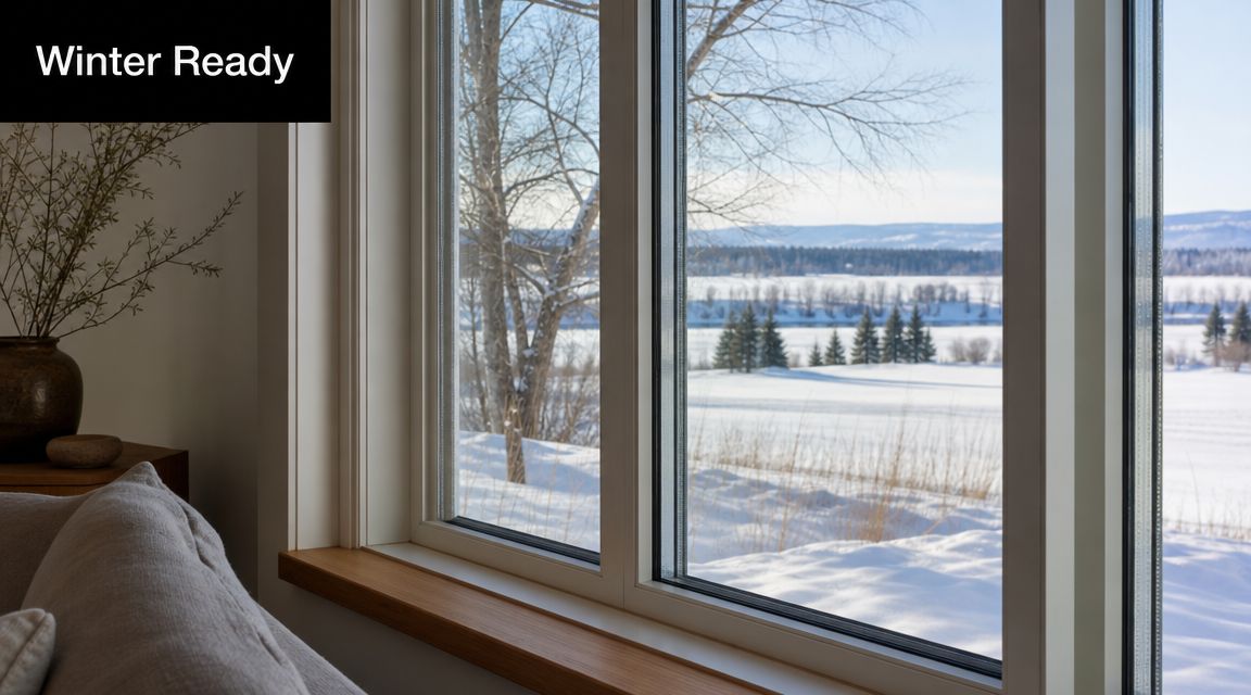 A cozy indoor view of a snowy landscape through clear triple pane windows in winter.