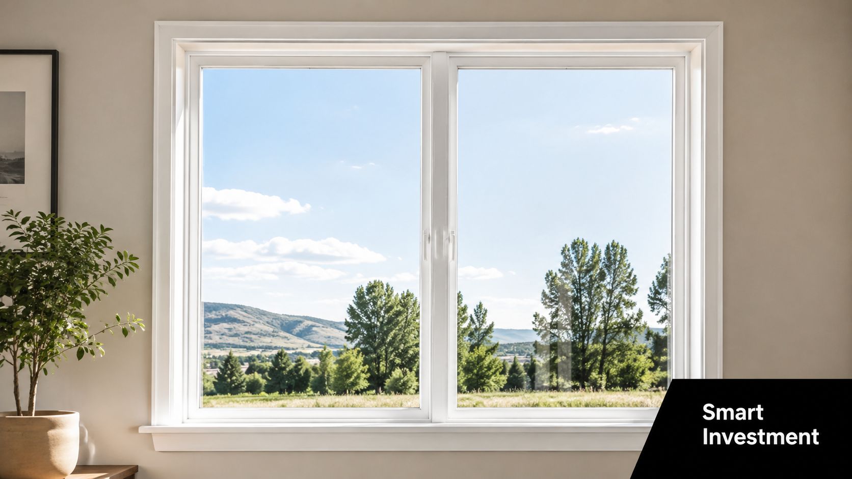 A scenic view of rolling hills and trees through a clean, modern white vinyl window in a bright room.