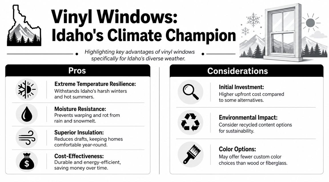An infographic highlighting the benefits and considerations of installing vinyl windows in Idaho's climate.