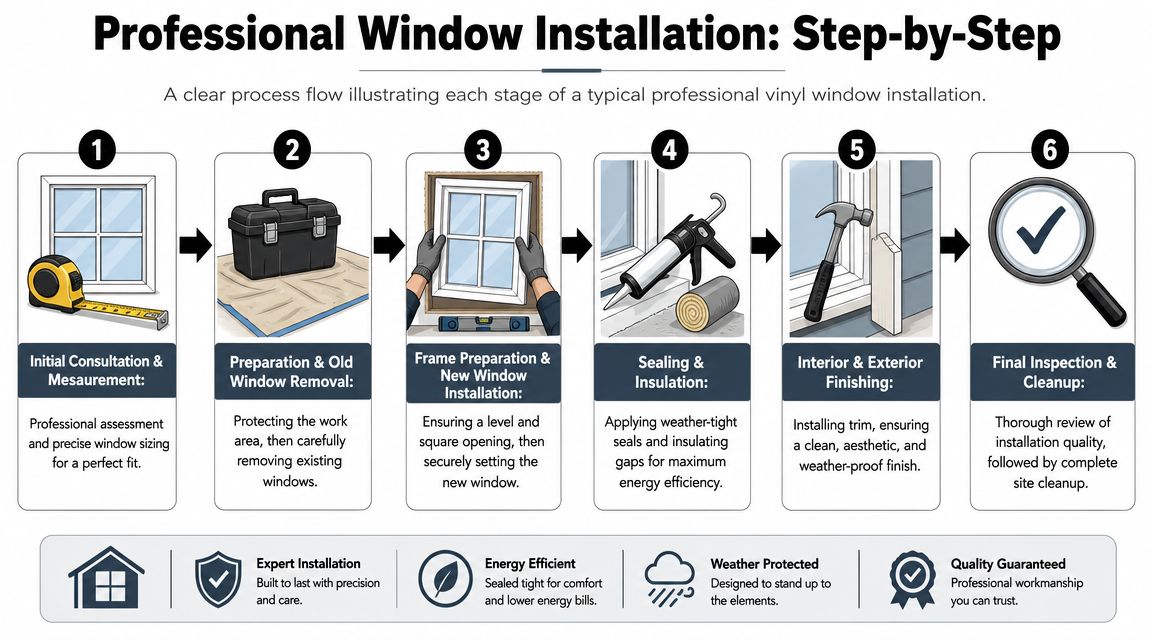 A step-by-step infographic showing the professional process of vinyl window installation from measurement to final inspection.
