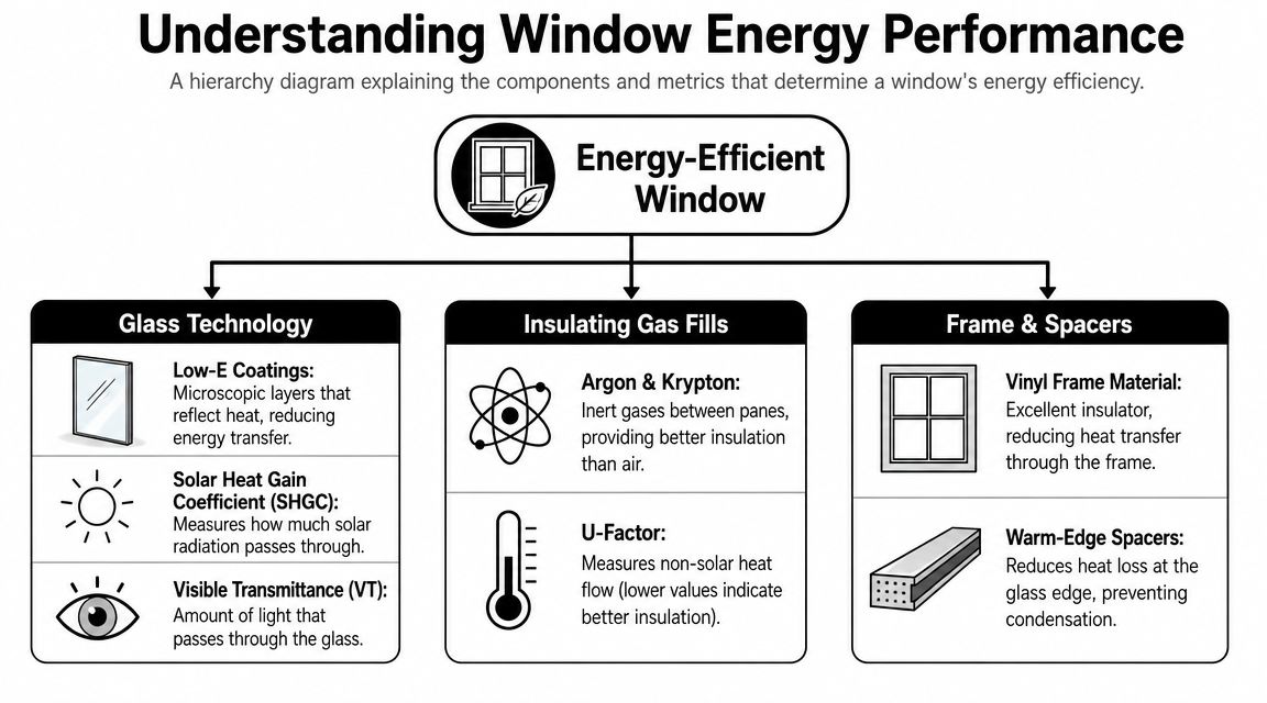 A hierarchical chart explaining components and metrics of an energy-efficient window including glass, gas, and frames.